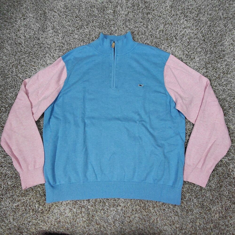 Vineyard Vines Sweater Mens XL Blue Pink Color Block Cotton 1/4 Zip Pullover